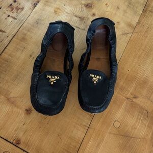 Prada Nappa Leather Logo Scrunch Driver Flats